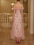 Off Shoulder Pink Floral Print Tulle Overlay Midi Evening Dress Sweetheart Formal Gown