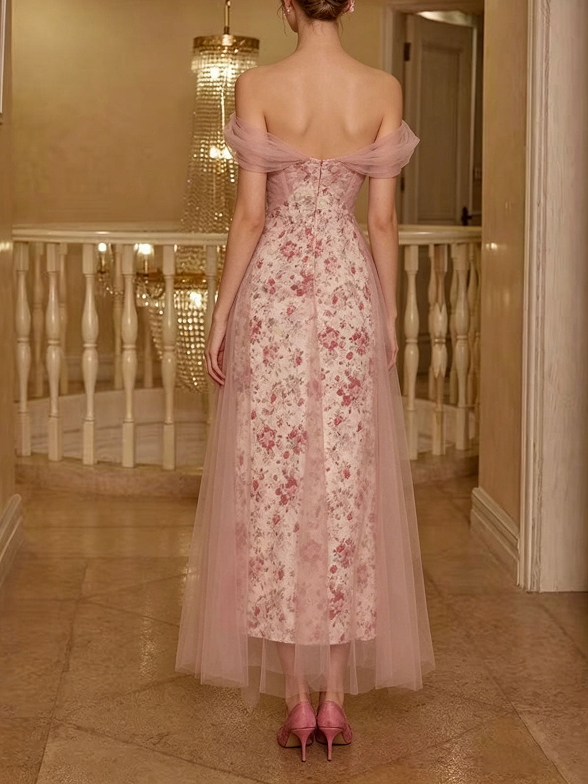 Off Shoulder Pink Floral Print Tulle Overlay Midi Evening Dress Sweetheart Formal Gown