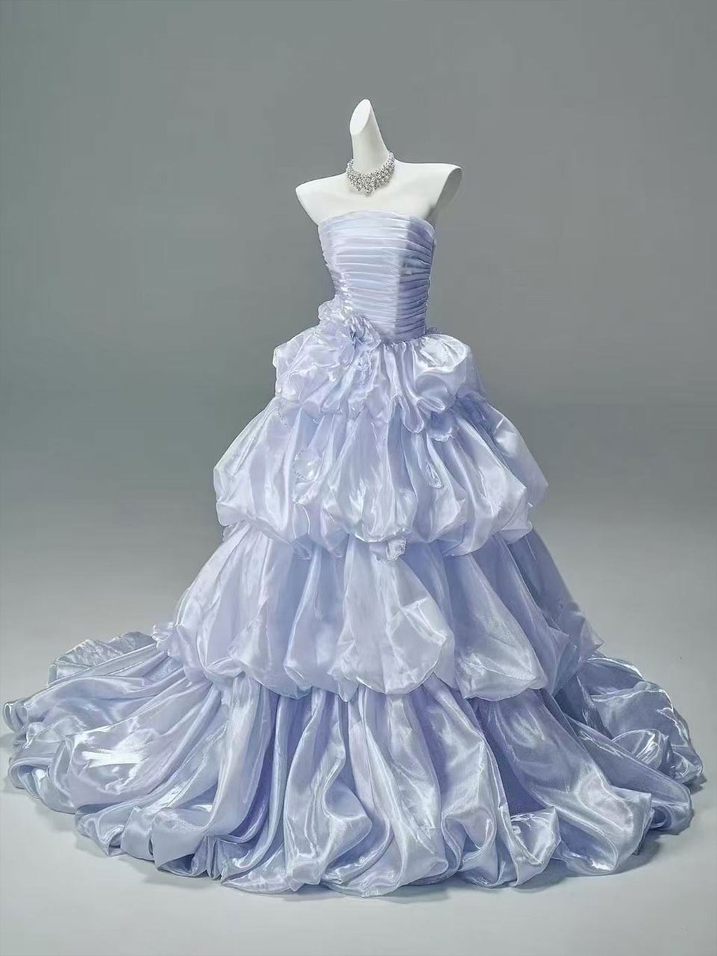 Lilac Iridescent Strapless Ruffle Tiered Ball Gown