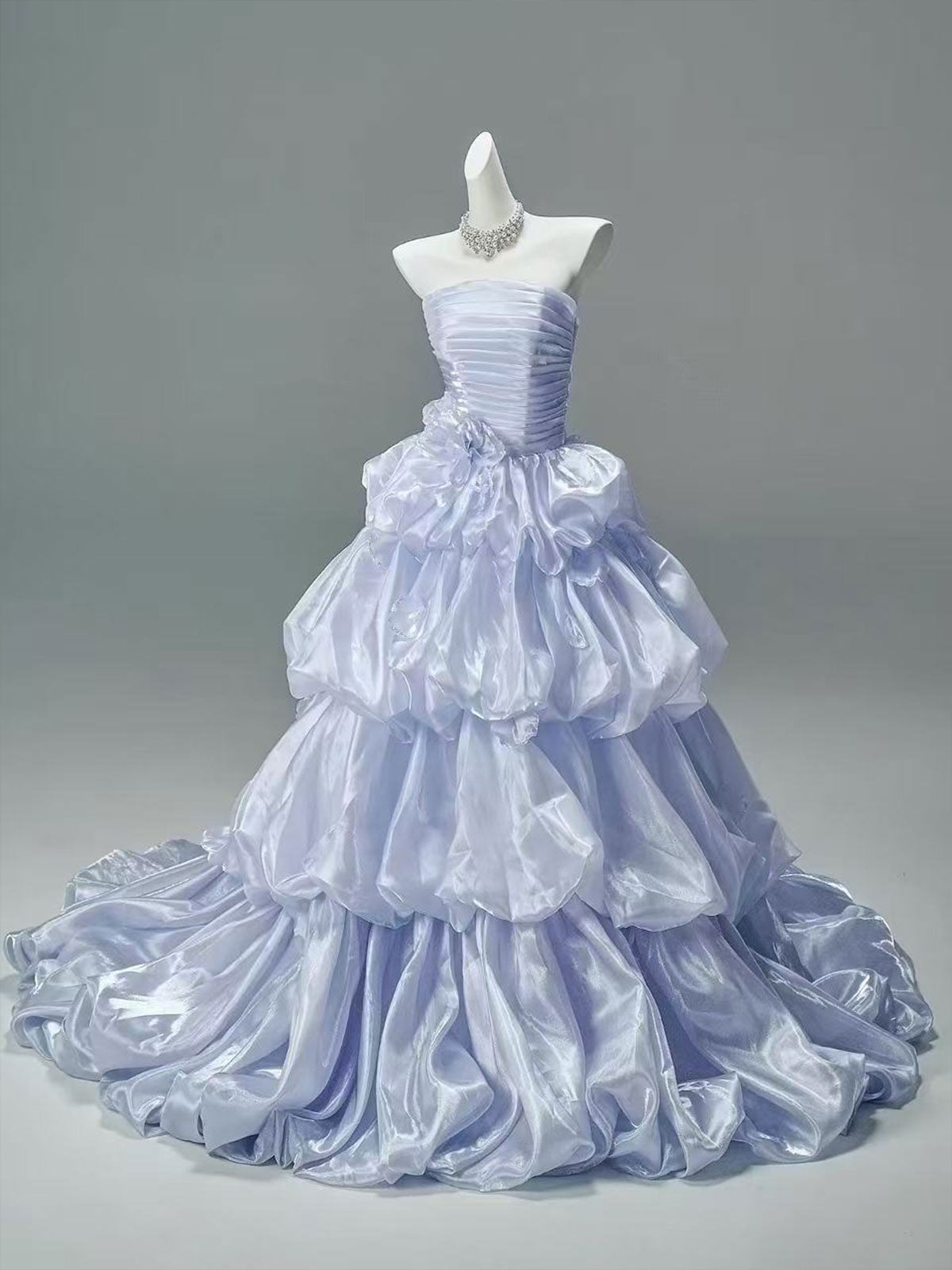Lilac Iridescent Strapless Ruffle Tiered Ball Gown