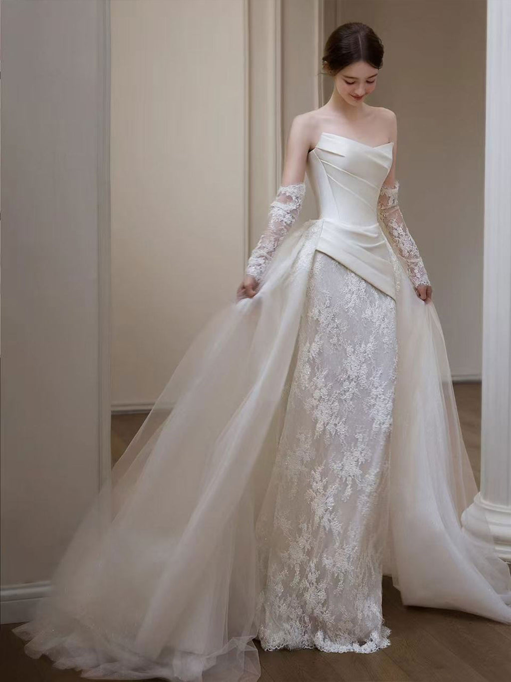 Detachable Train Satin Lace Mermaid Wedding Dress with Overskirt