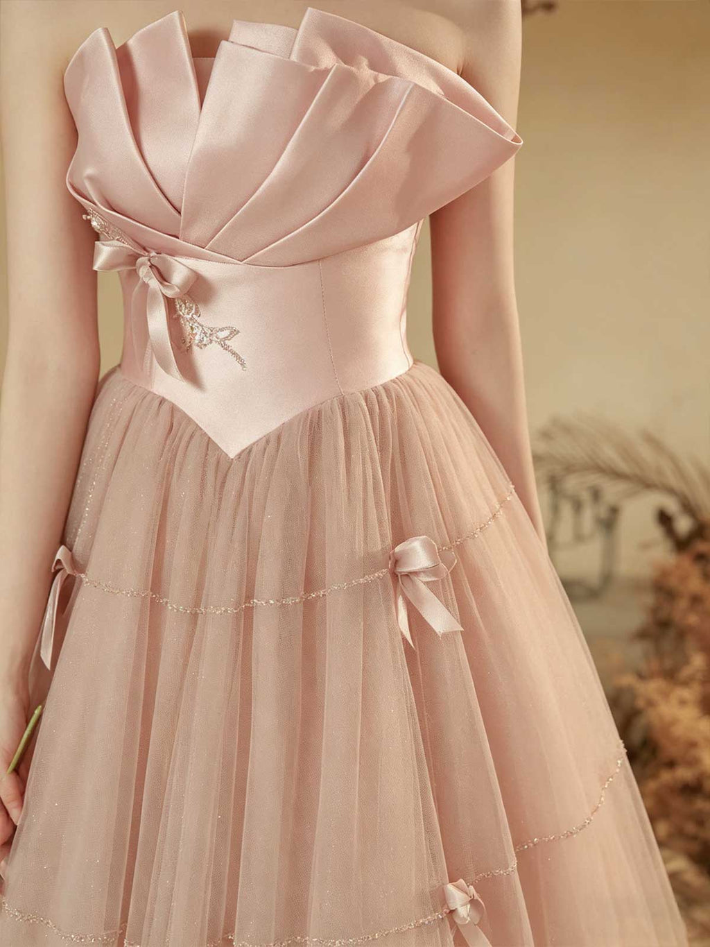 Blush Pink Bow Detail Strapless Tulle A-Line Prom Gown