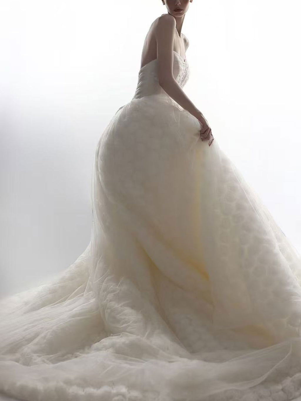 Ethereal Strapless Ball Gown with 3D Rose Textured Skirt & Sheer Tulle Overlay