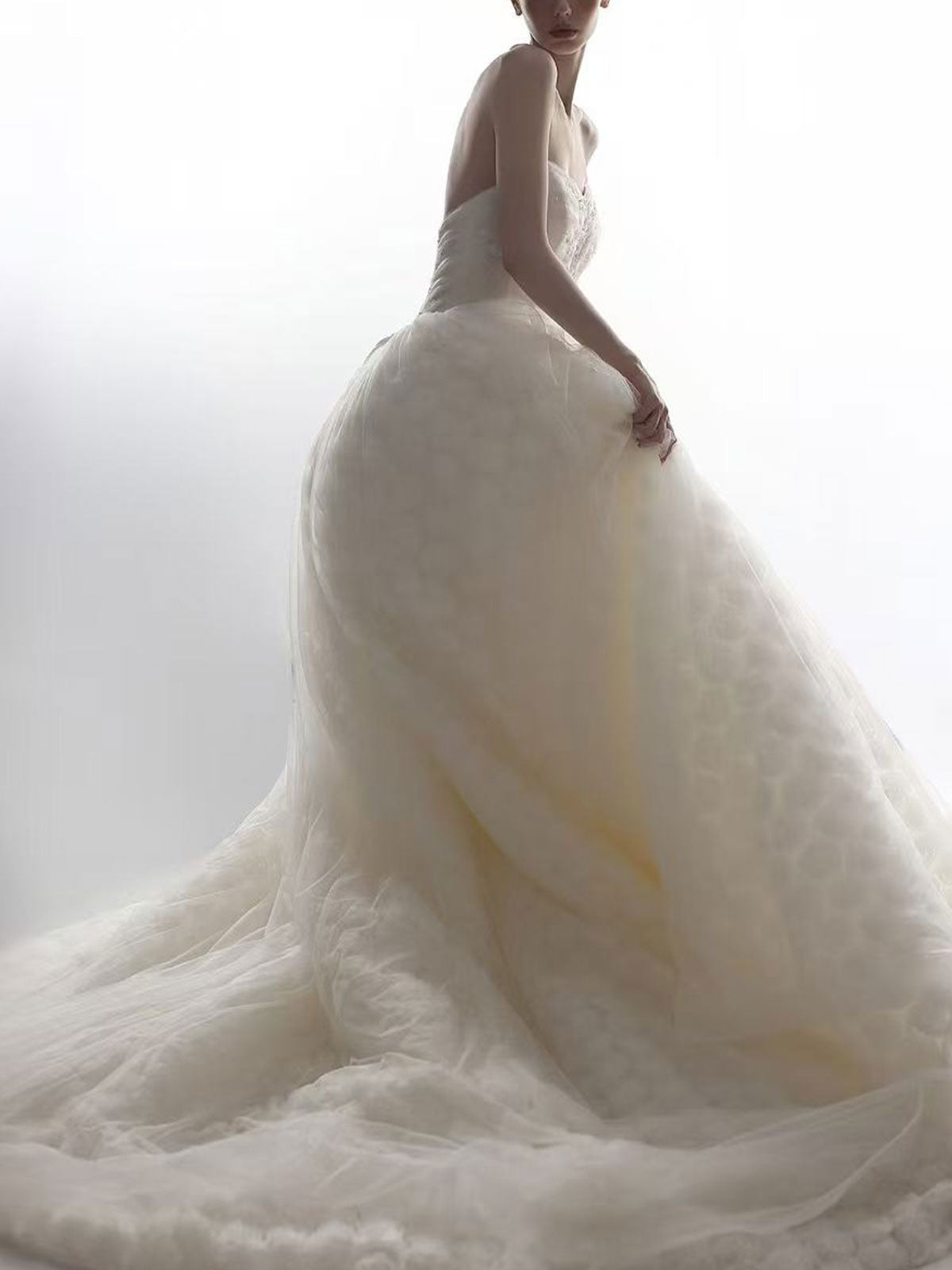 Ethereal Strapless Ball Gown with 3D Rose Textured Skirt & Sheer Tulle Overlay