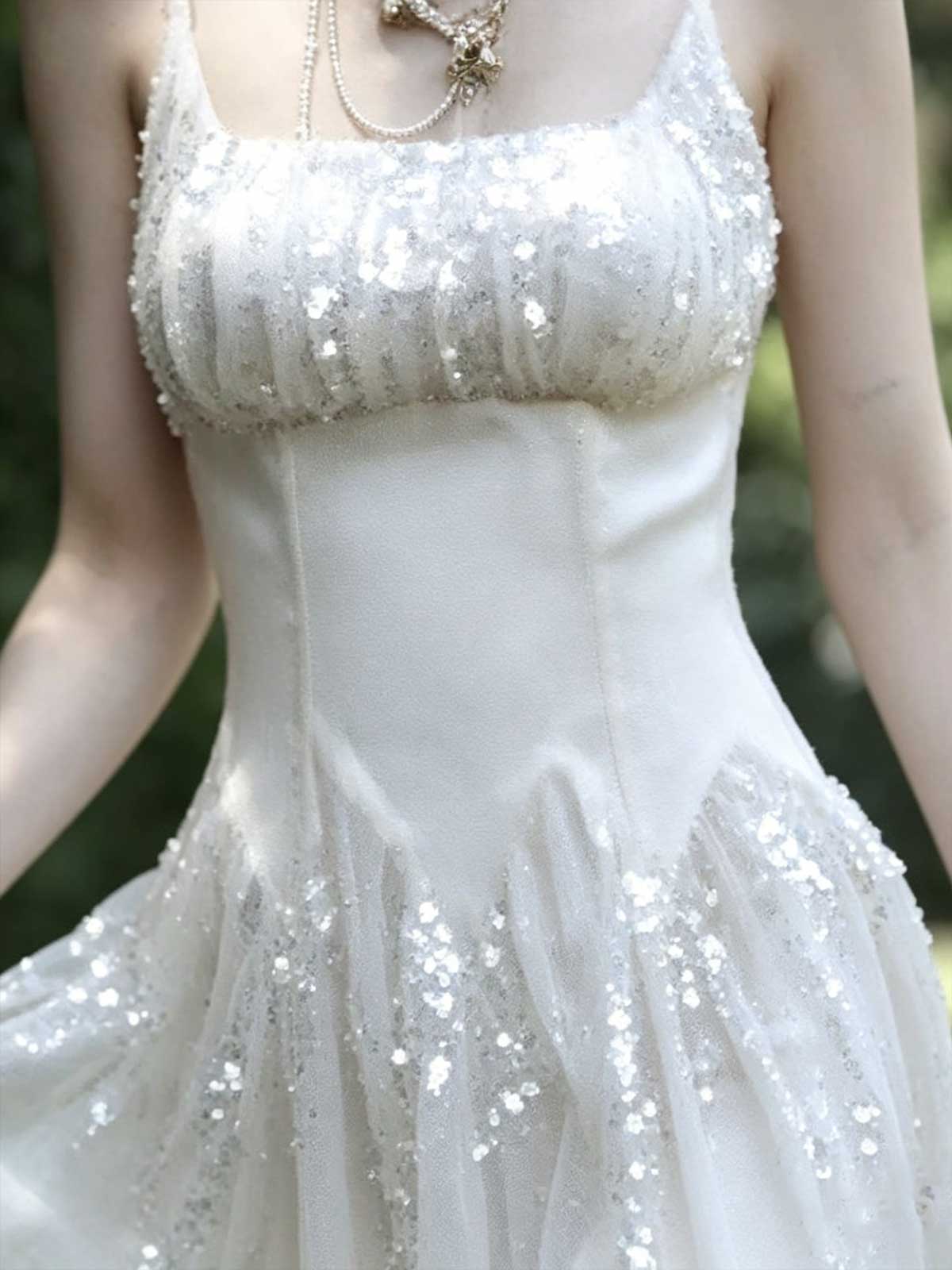 White Sequin Spaghetti Strap Asymmetrical Midi Cocktail Dress