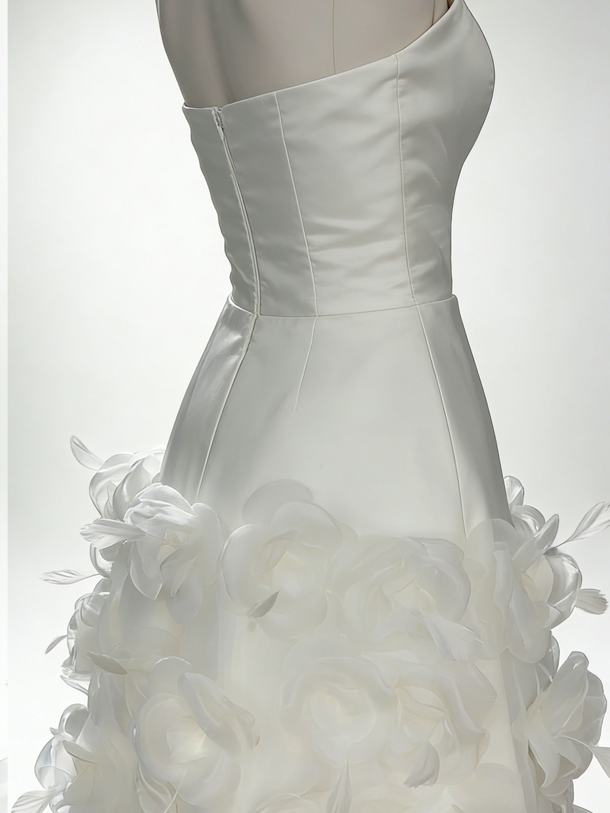 Romantic White Midi Wedding Dress with Sheer Neckline & Floral Skirt
