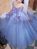 Blue to Purple Ombre Strapless Ball Gown with 3D Floral Appliqués