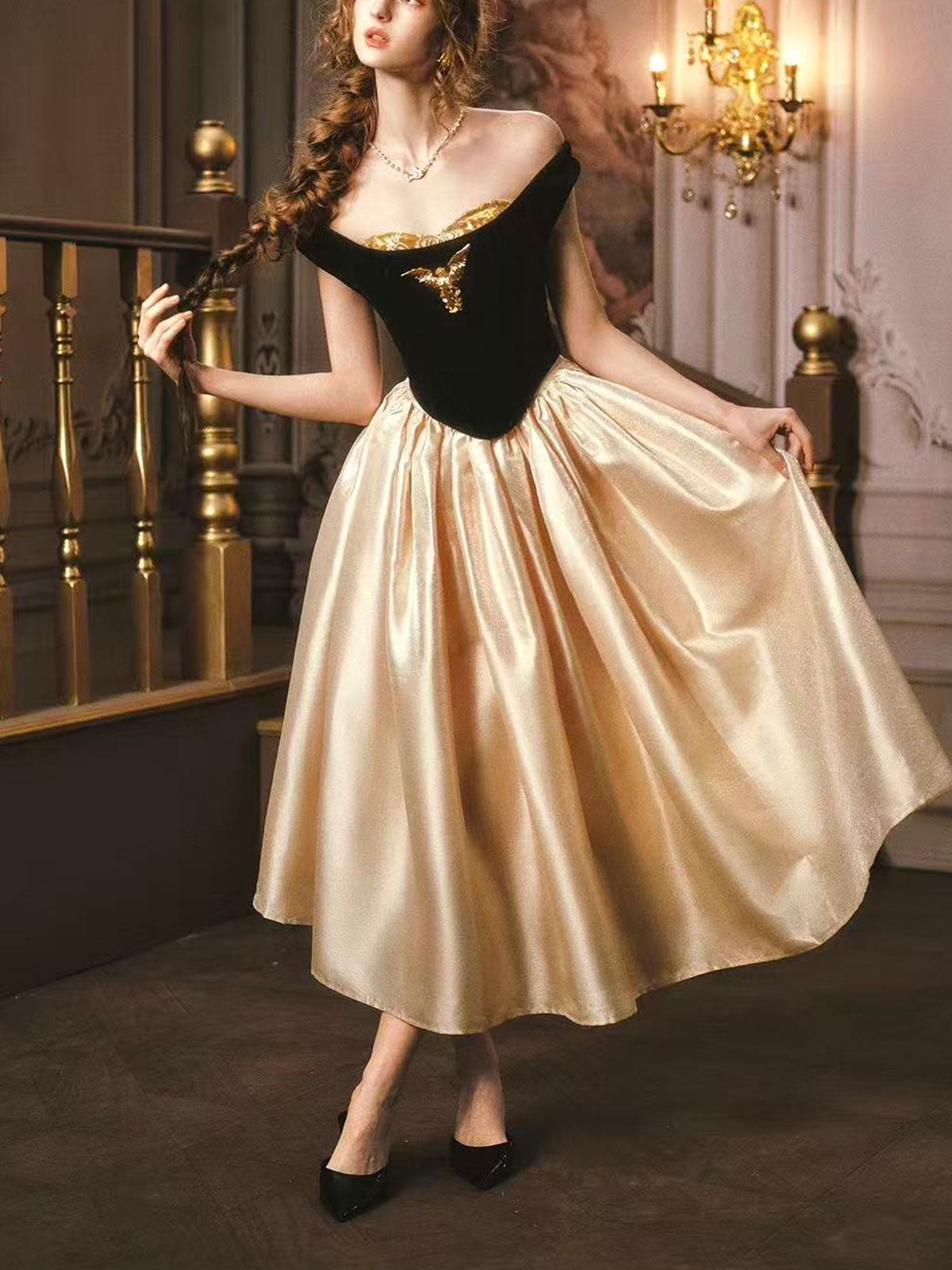 Black Gold Velvet Strapless A-Line Evening Gown