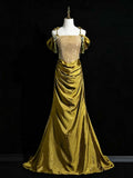 Gold Off-the-Shoulder Satin Mermaid Evening Gown with Corset Bodice