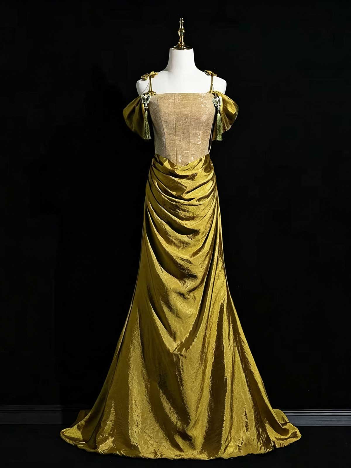 Gold Off-the-Shoulder Satin Mermaid Evening Gown with Corset Bodice