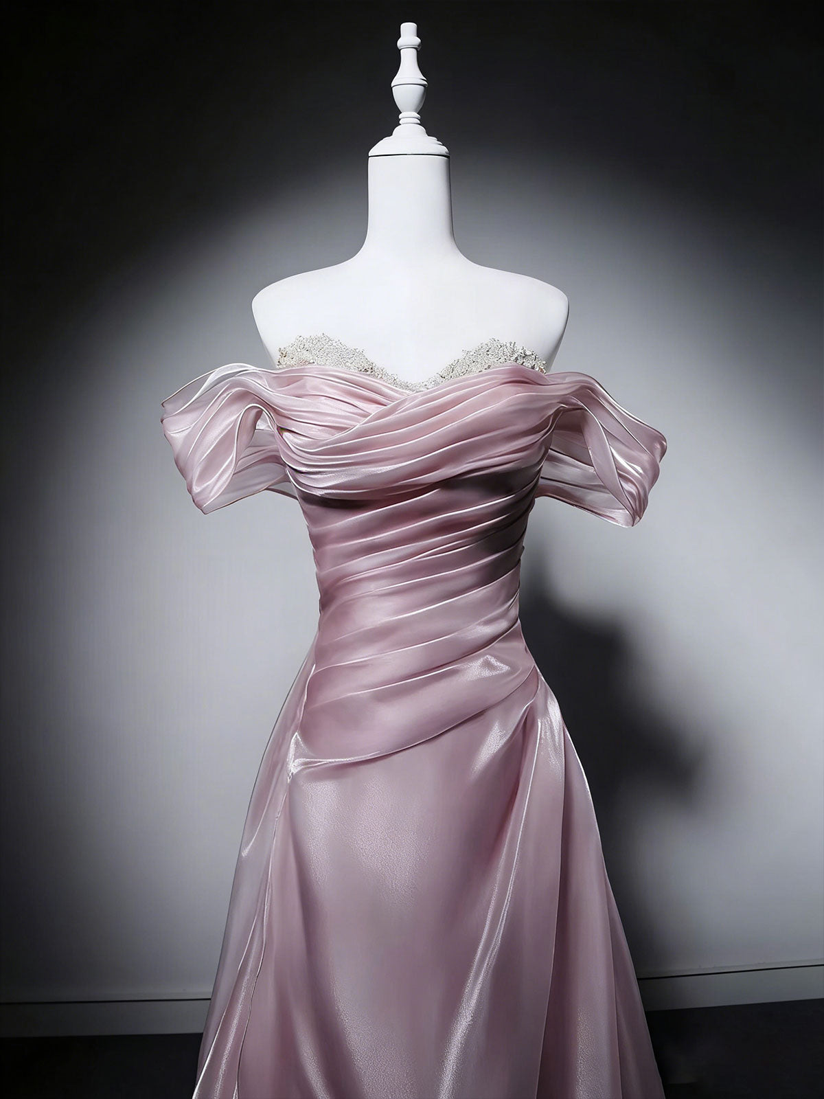 Dusty Pink Off-Shoulder Satin A-Line Evening Gown