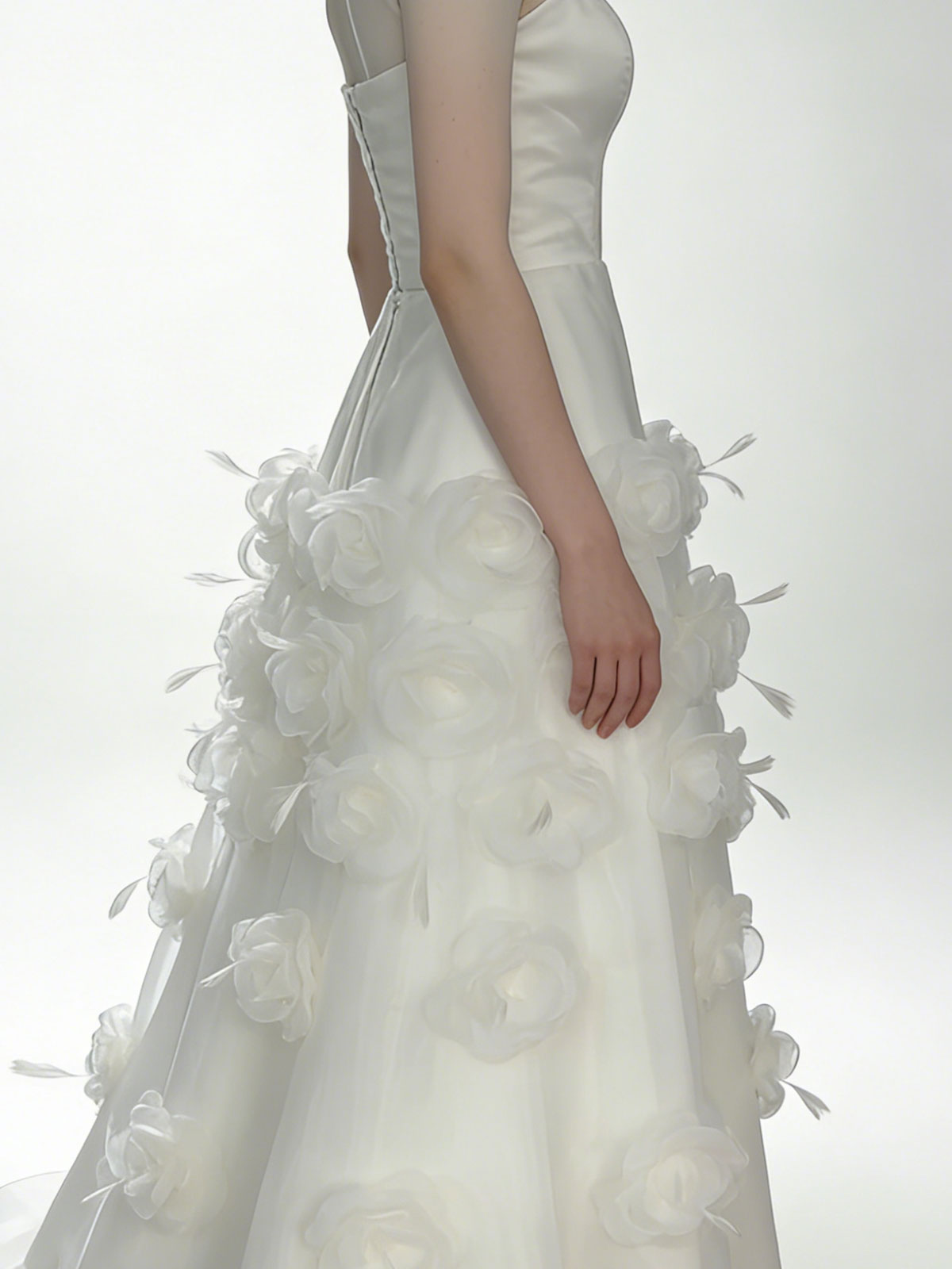 Romantic White Midi Wedding Dress with Sheer Neckline & Floral Skirt