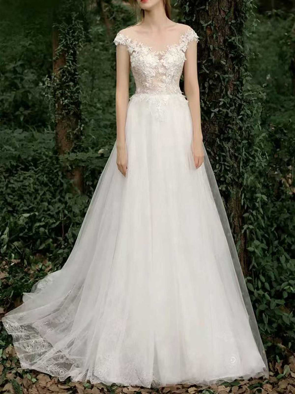 Ivory Lace Off-the-Shoulder Sheer Tulle A-Line Wedding Dress