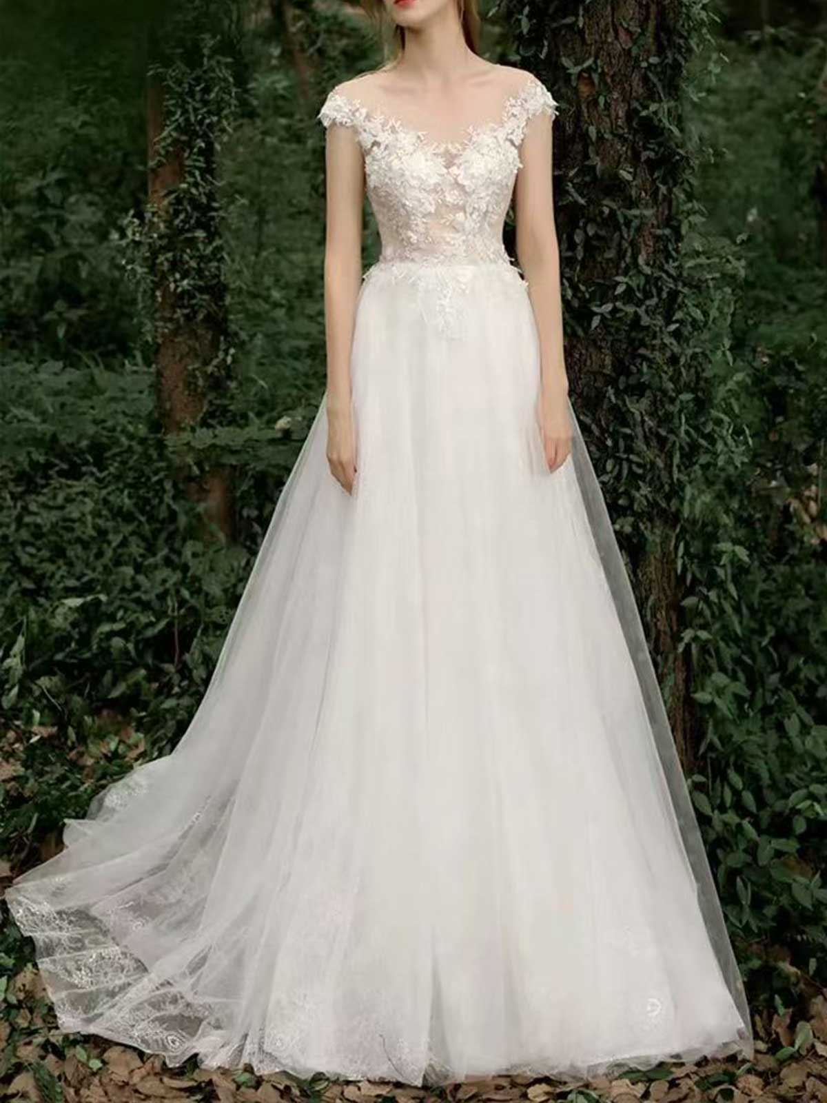 Ivory Lace Off-the-Shoulder Sheer Tulle A-Line Wedding Dress