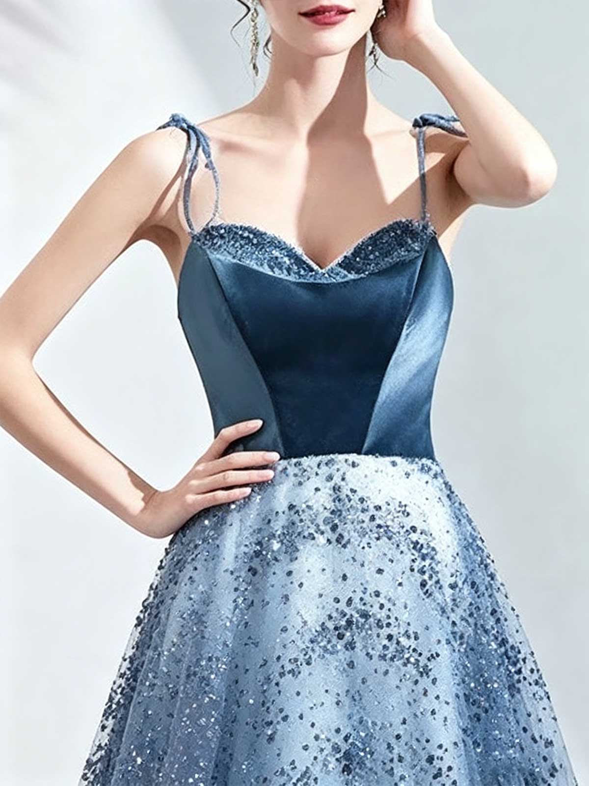 Dusty Blue Velvet Bodice Prom Dress with Sequin Tulle Skirt & Train