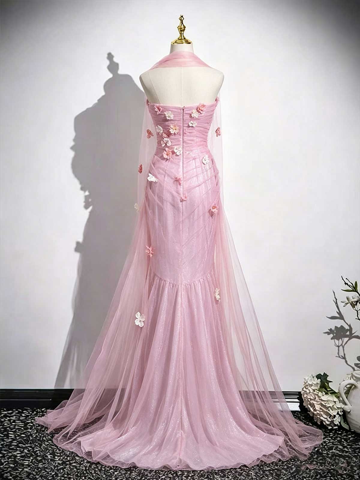 Dusty Pink Strapless Tulle Evening Gown with 3D Flower Appliqués & Sheer Shawl