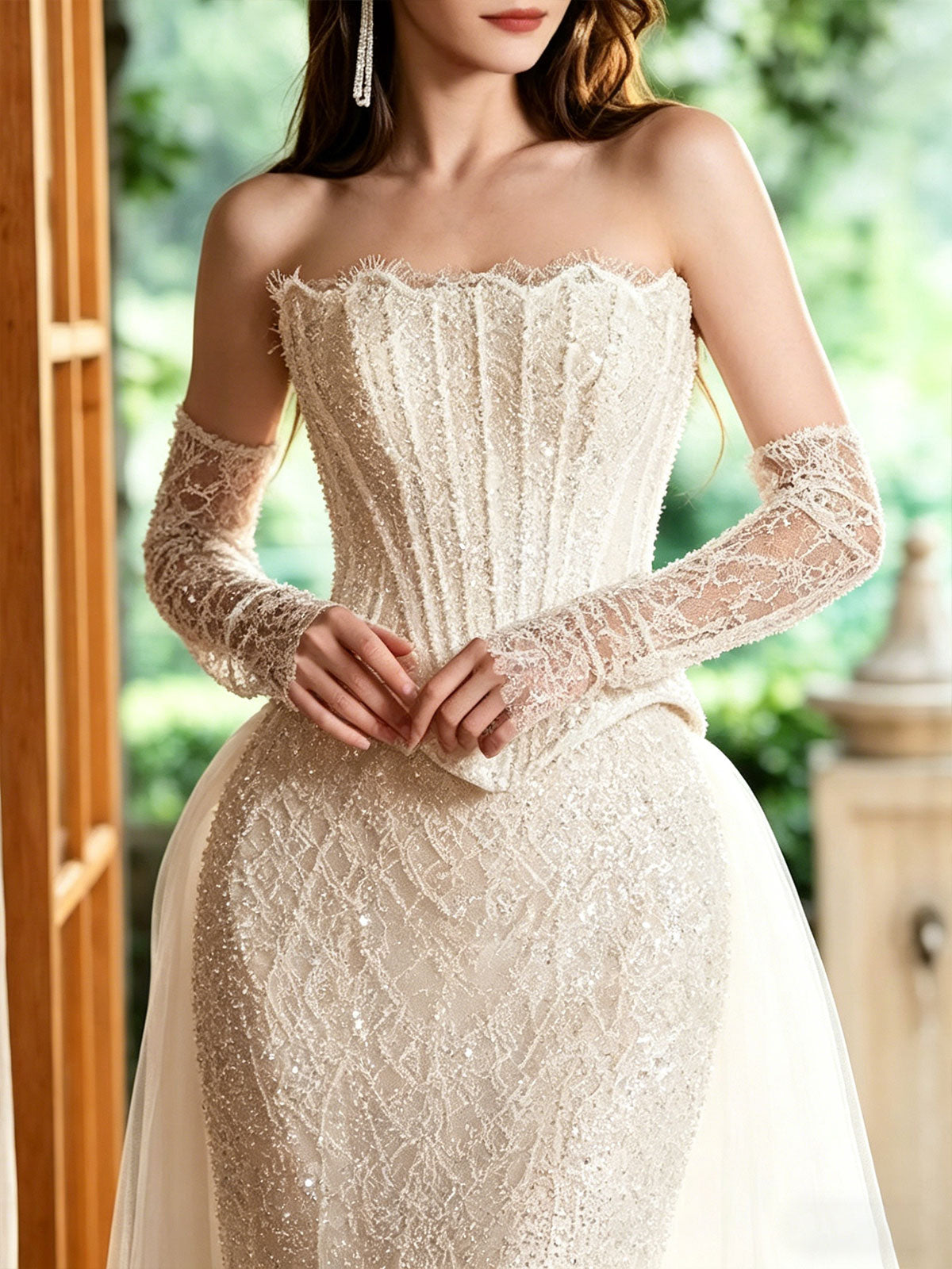 Strapless Corset Lace Mermaid Detachable Sleeve Wedding Dress