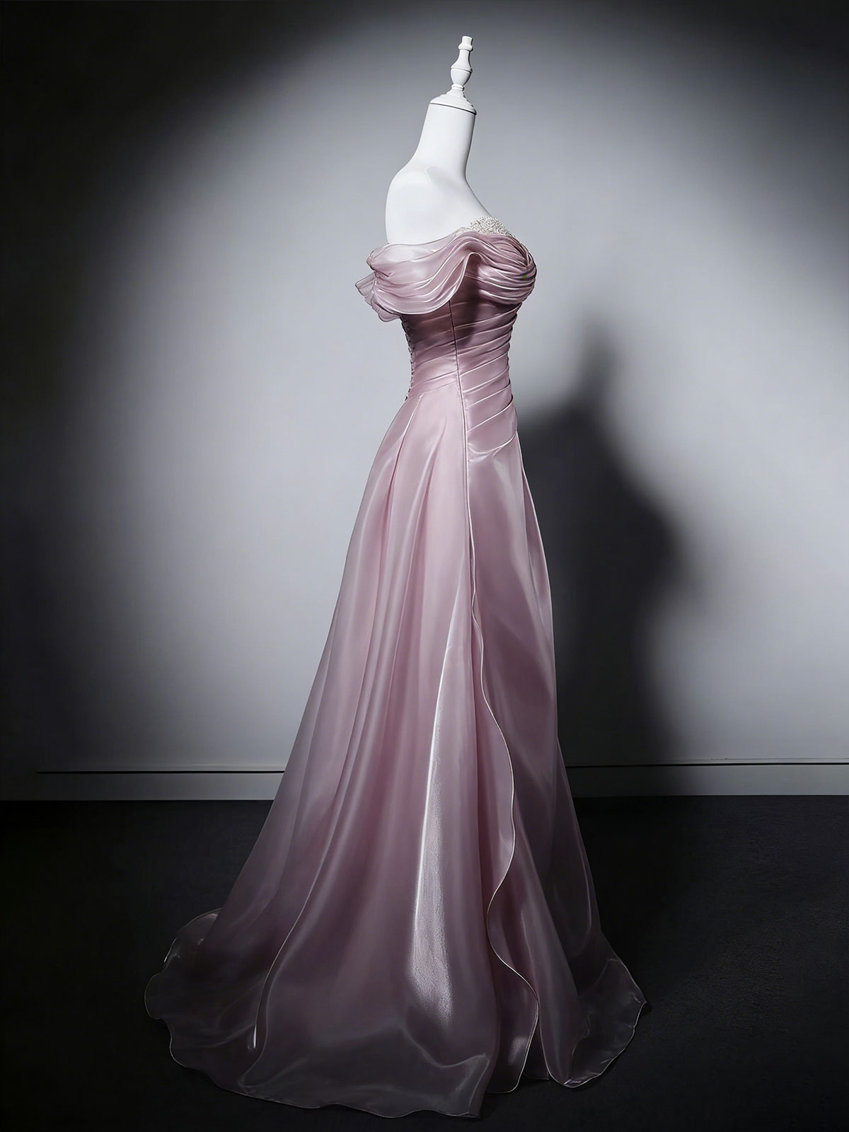 Dusty Pink Off-Shoulder Satin A-Line Evening Gown