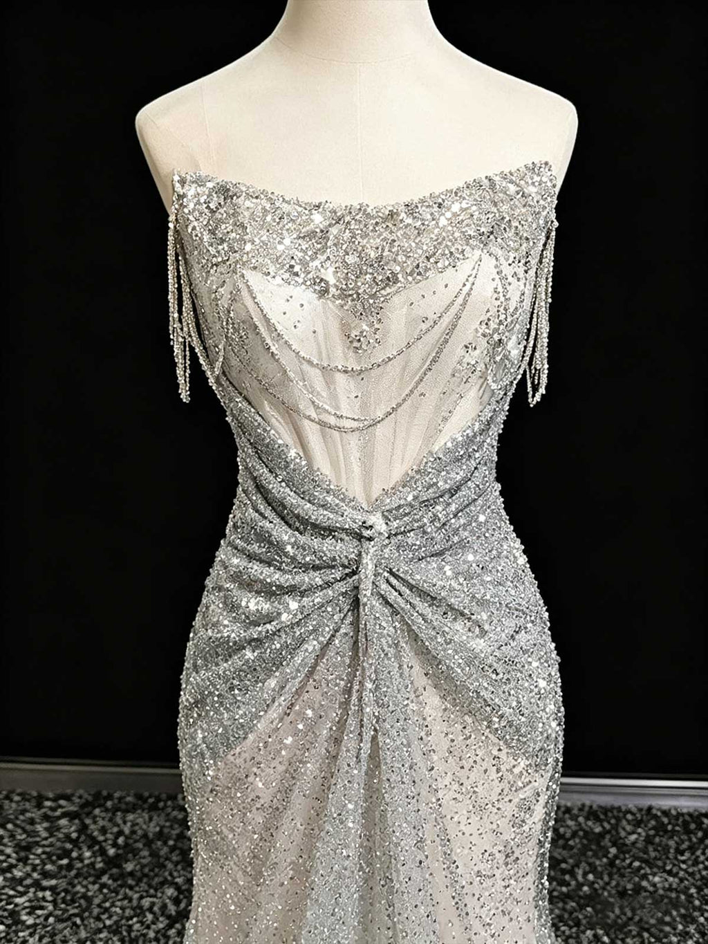 Silver Grey Strapless Twist Sequin Mermaid Evening Gown