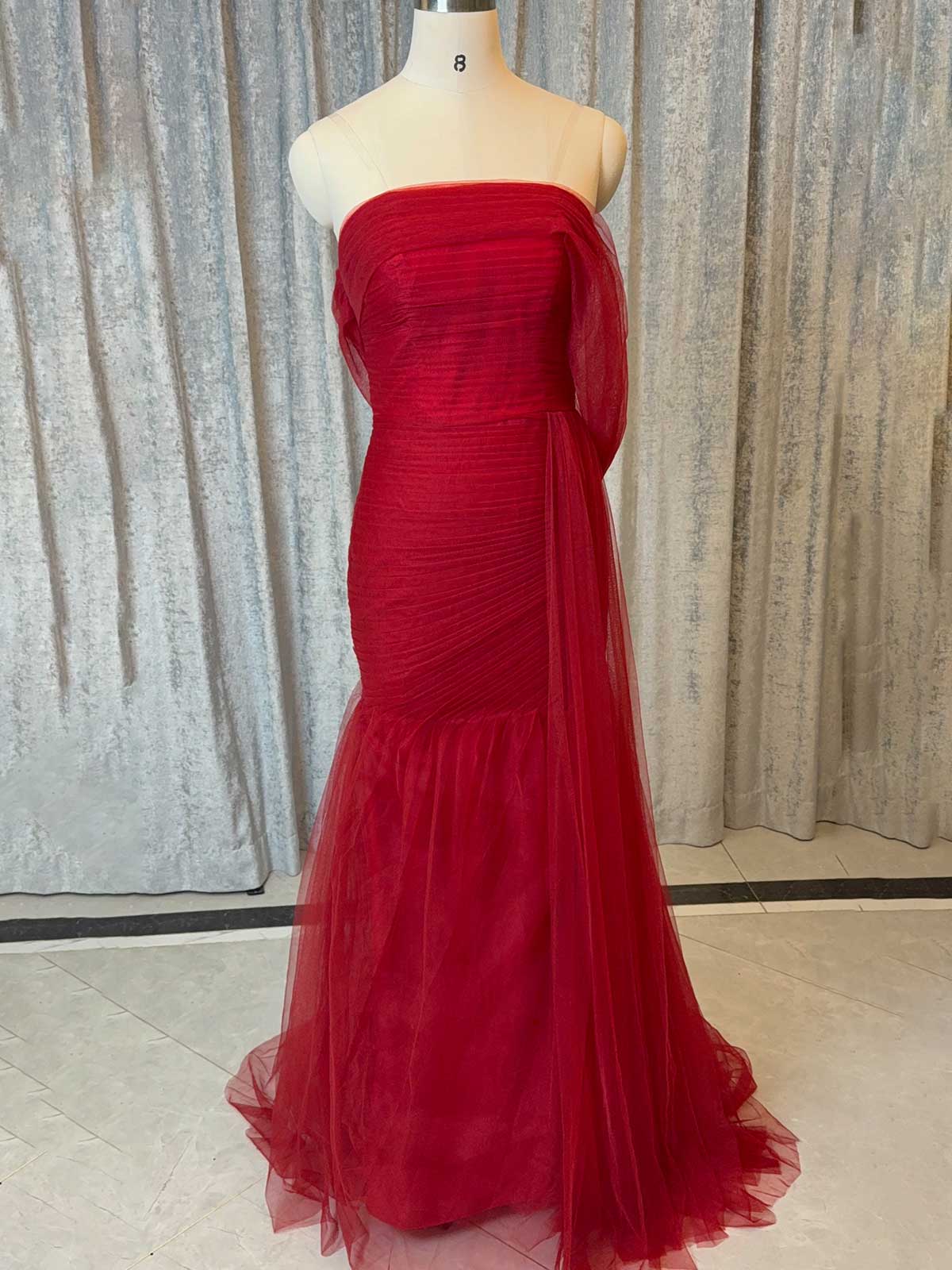 Showstopping Red Off-the-Shoulder Ruffled Tulle Evening Gown