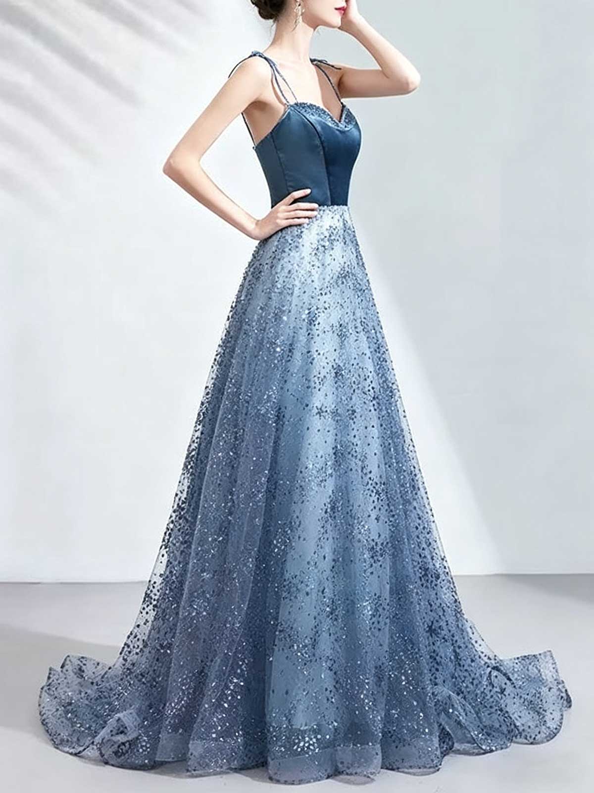 Dusty Blue Velvet Bodice Prom Dress with Sequin Tulle Skirt & Train