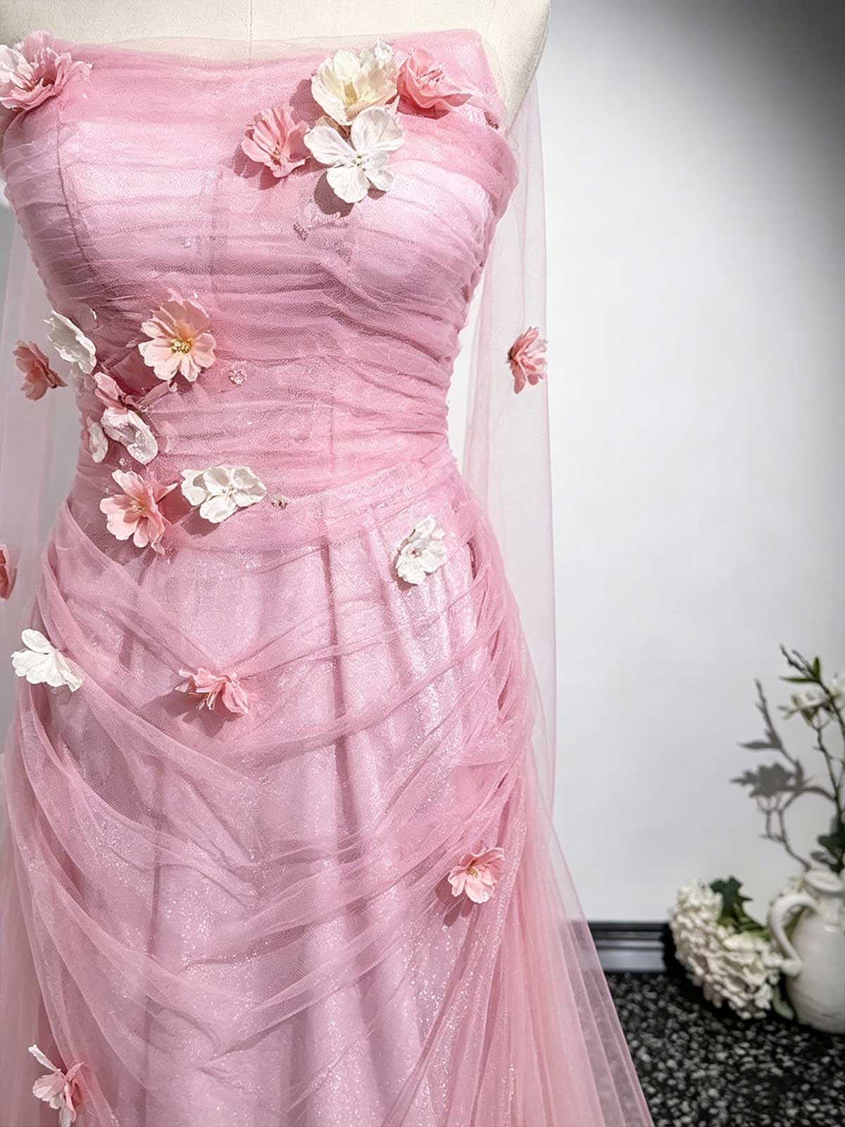 Dusty Pink Strapless Tulle Evening Gown with 3D Flower Appliqués & Sheer Shawl