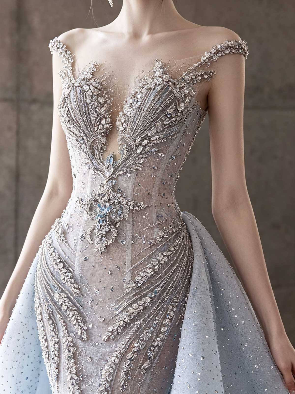 Blue Gradient Beaded Strapless Mermaid Wedding Dress with Detachable Overskirt