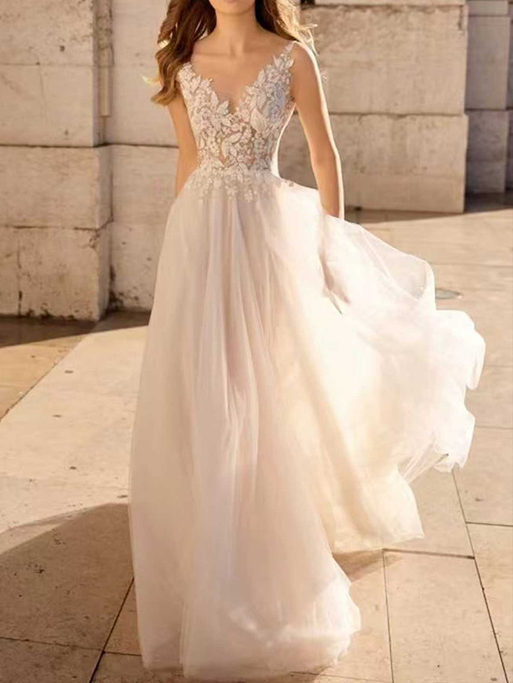 Ivory Lace V-Neck Sheer Tulle A-Line Wedding Dress