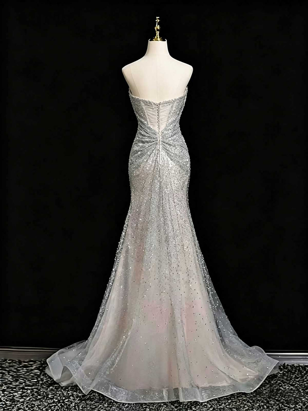 Silver Grey Strapless Twist Sequin Mermaid Evening Gown