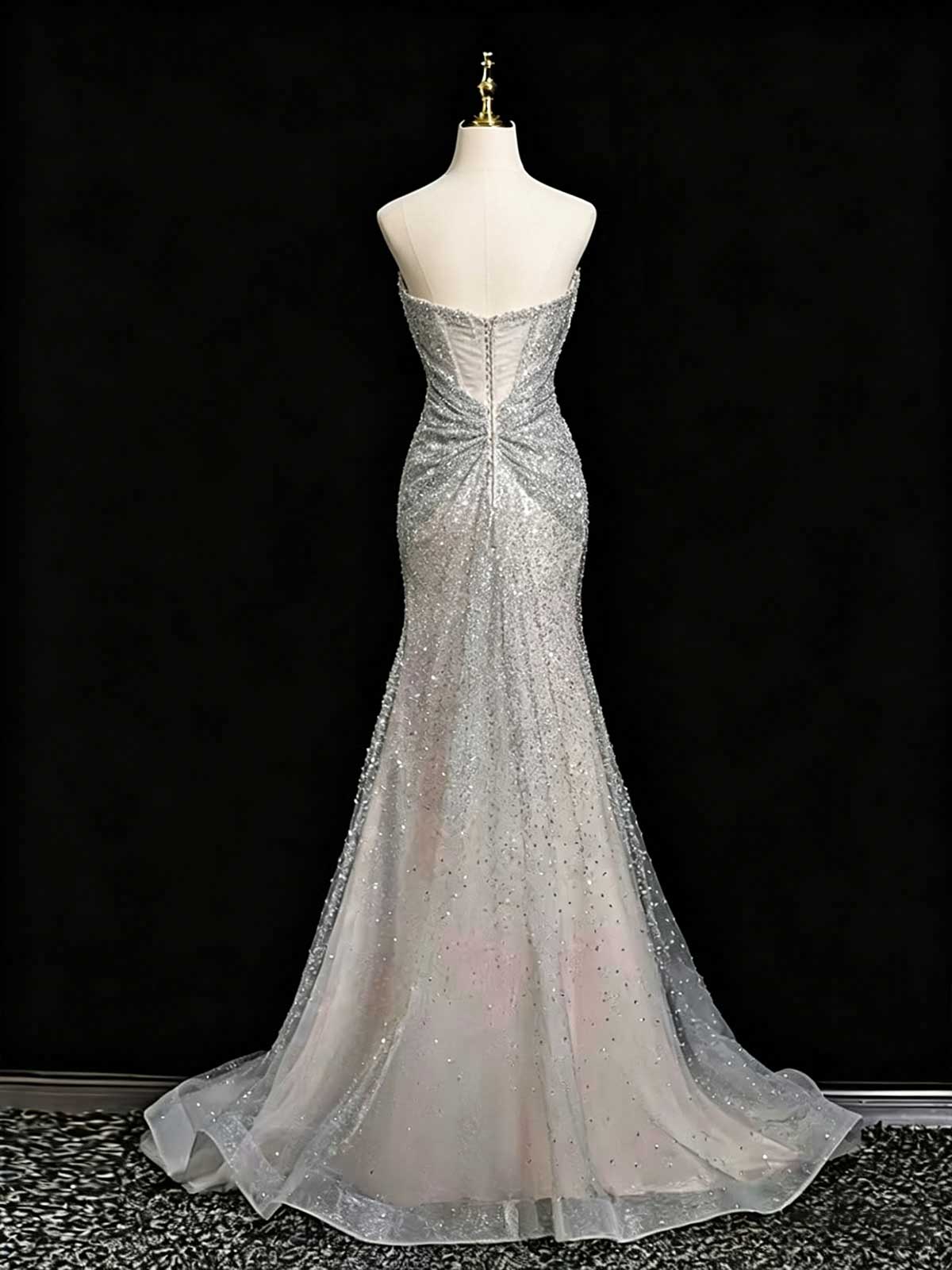 Silver Grey Strapless Twist Sequin Mermaid Evening Gown