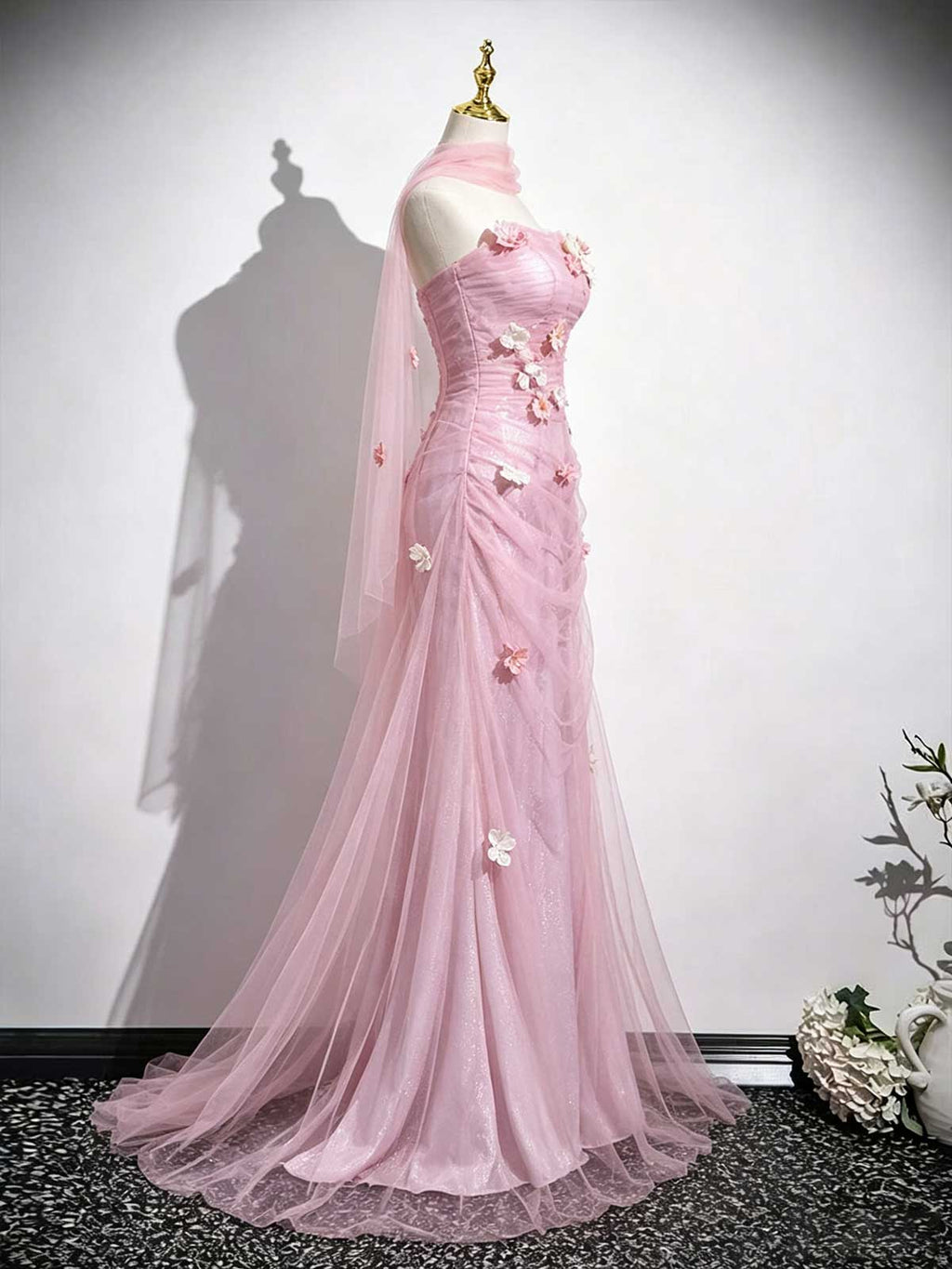 Dusty Pink Strapless Tulle Evening Gown with 3D Flower Appliqués & Sheer Shawl