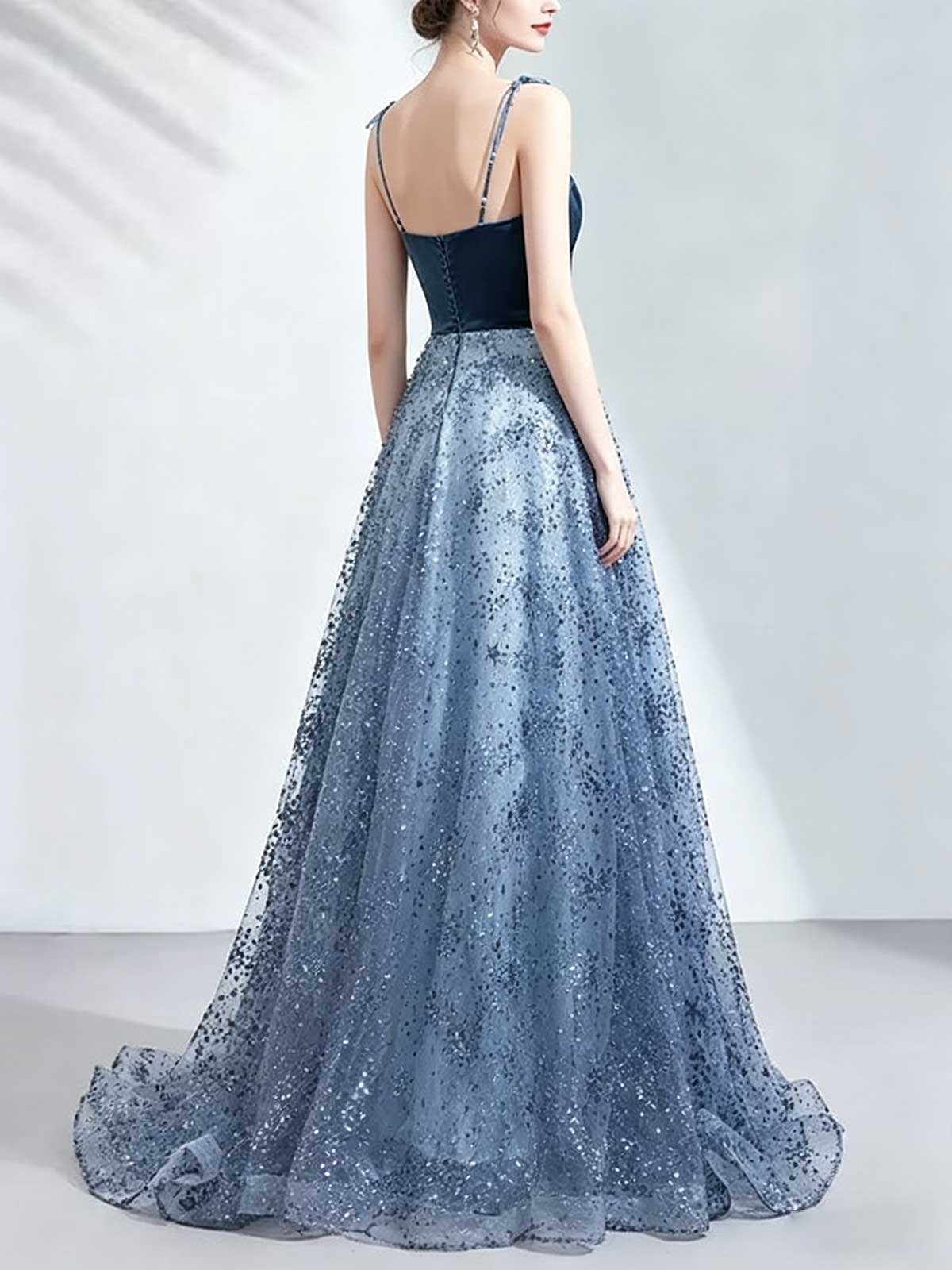 Dusty Blue Velvet Bodice Prom Dress with Sequin Tulle Skirt & Train