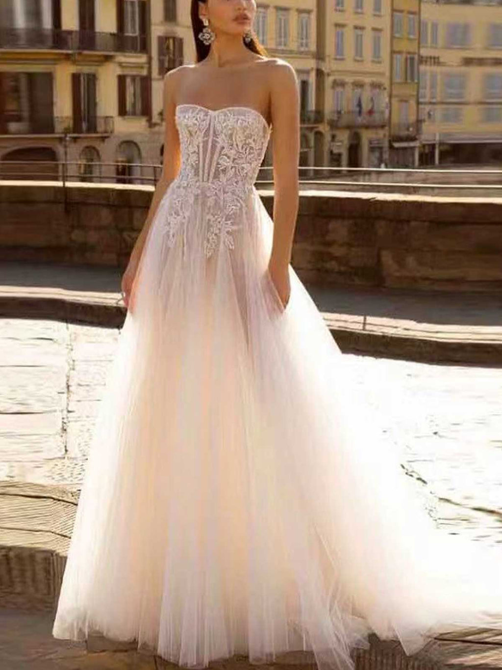 Blush Pink Lace Strapless Sheer Tulle A-Line Wedding Dress