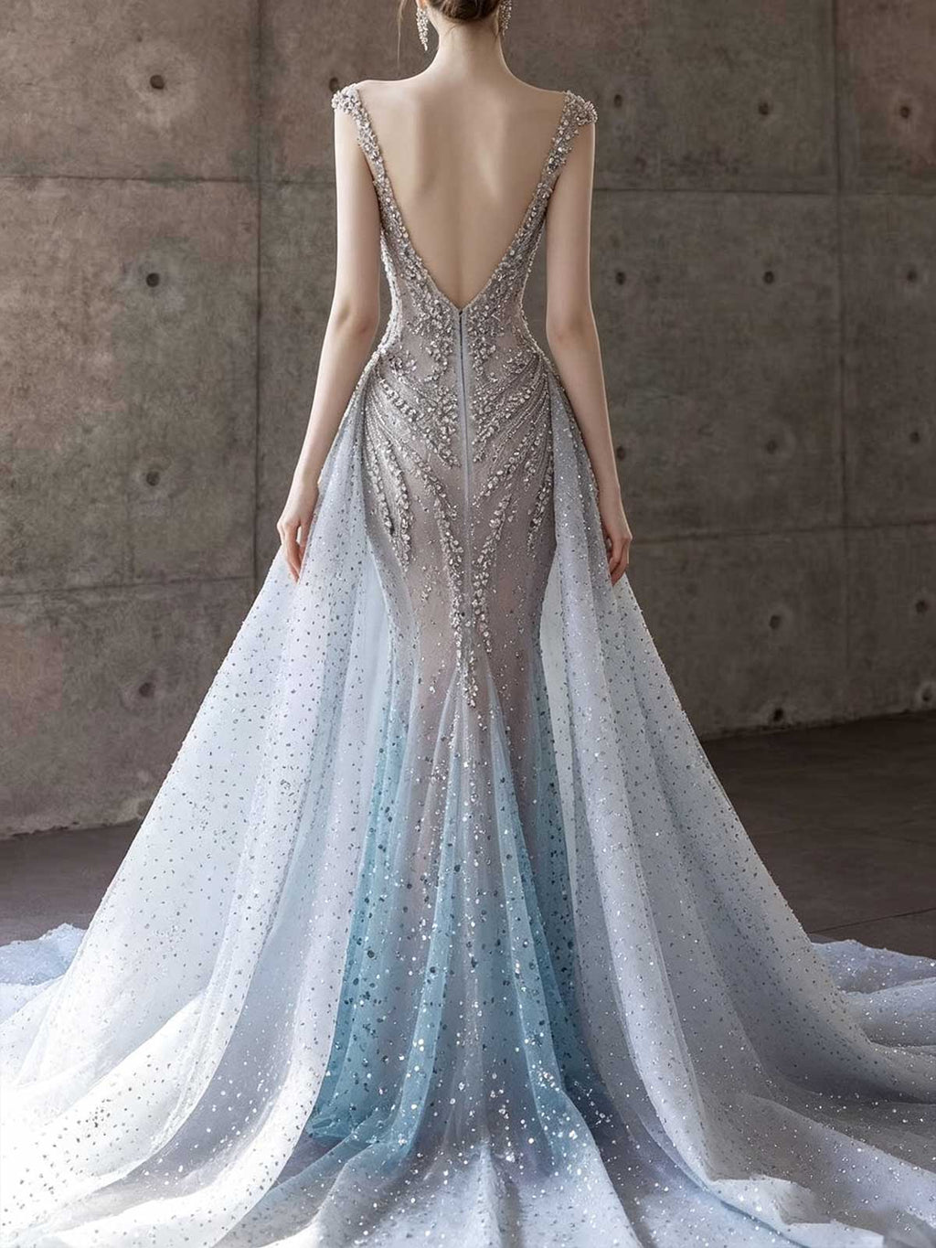 Blue Gradient Beaded Strapless Mermaid Wedding Dress with Detachable Overskirt