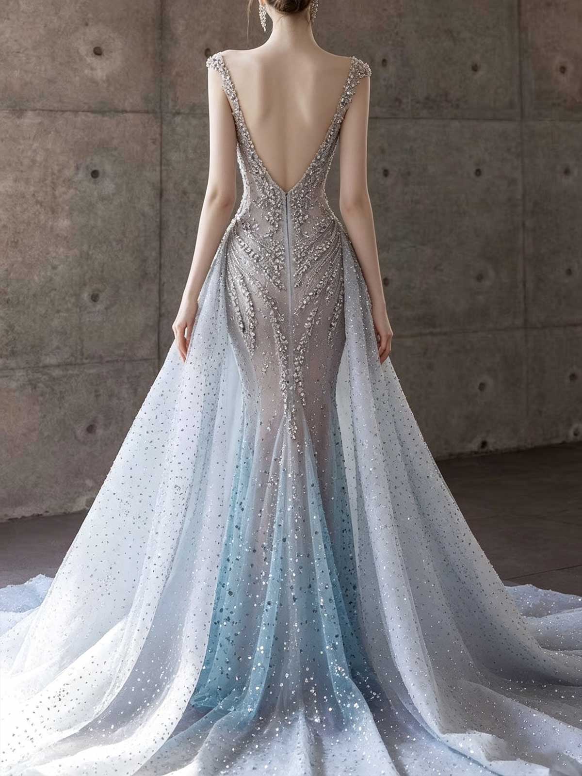 Blue Gradient Beaded Strapless Mermaid Wedding Dress with Detachable Overskirt