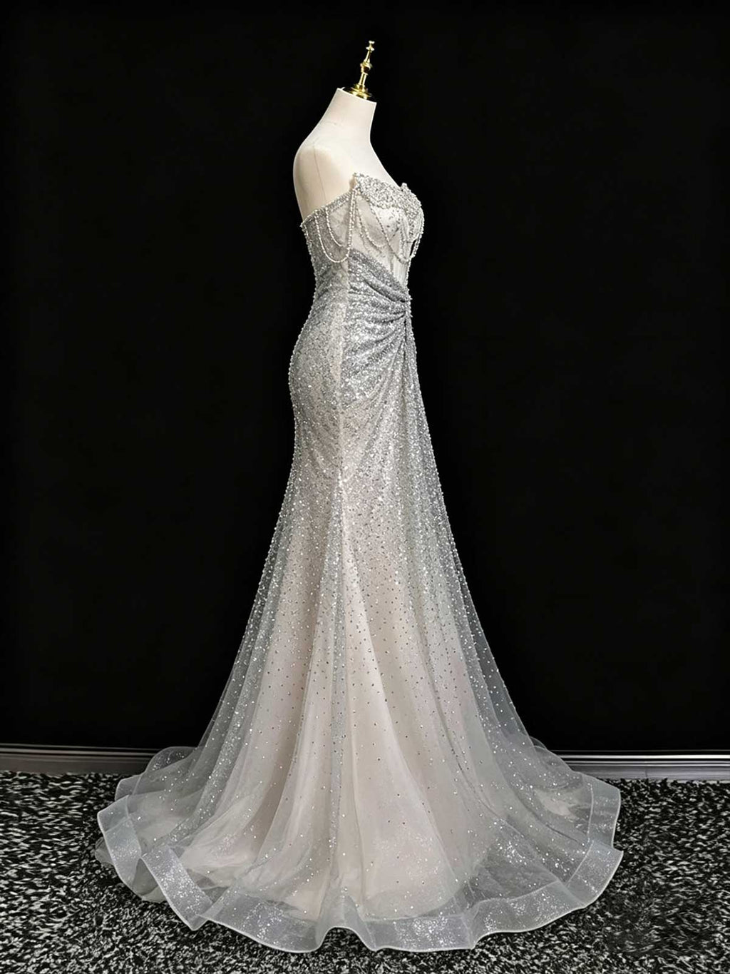 Silver Grey Strapless Twist Sequin Mermaid Evening Gown