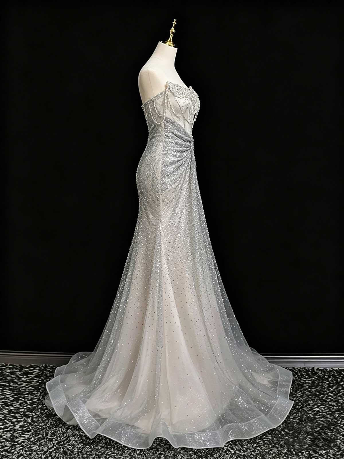 Silver Grey Strapless Twist Sequin Mermaid Evening Gown