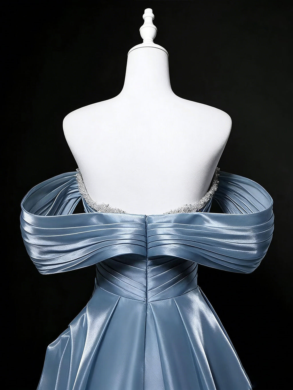 Dusty Blue Off-Shoulder Satin A-Line Evening Gown