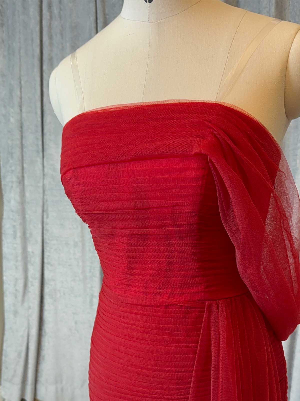 Showstopping Red Off-the-Shoulder Ruffled Tulle Evening Gown