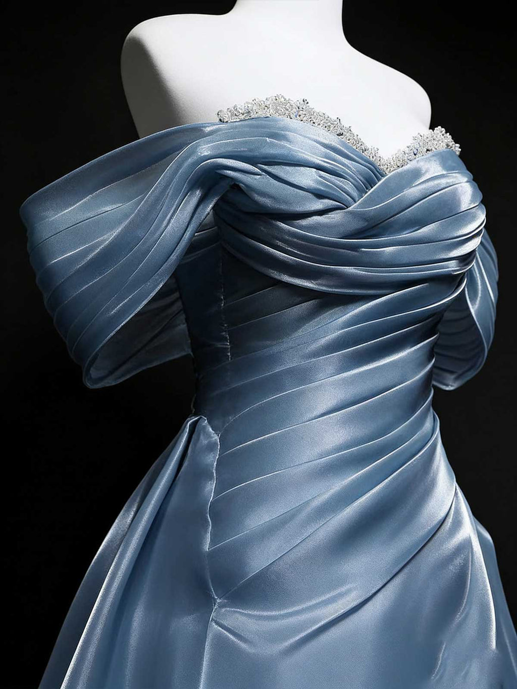 Dusty Blue Off-Shoulder Satin A-Line Evening Gown