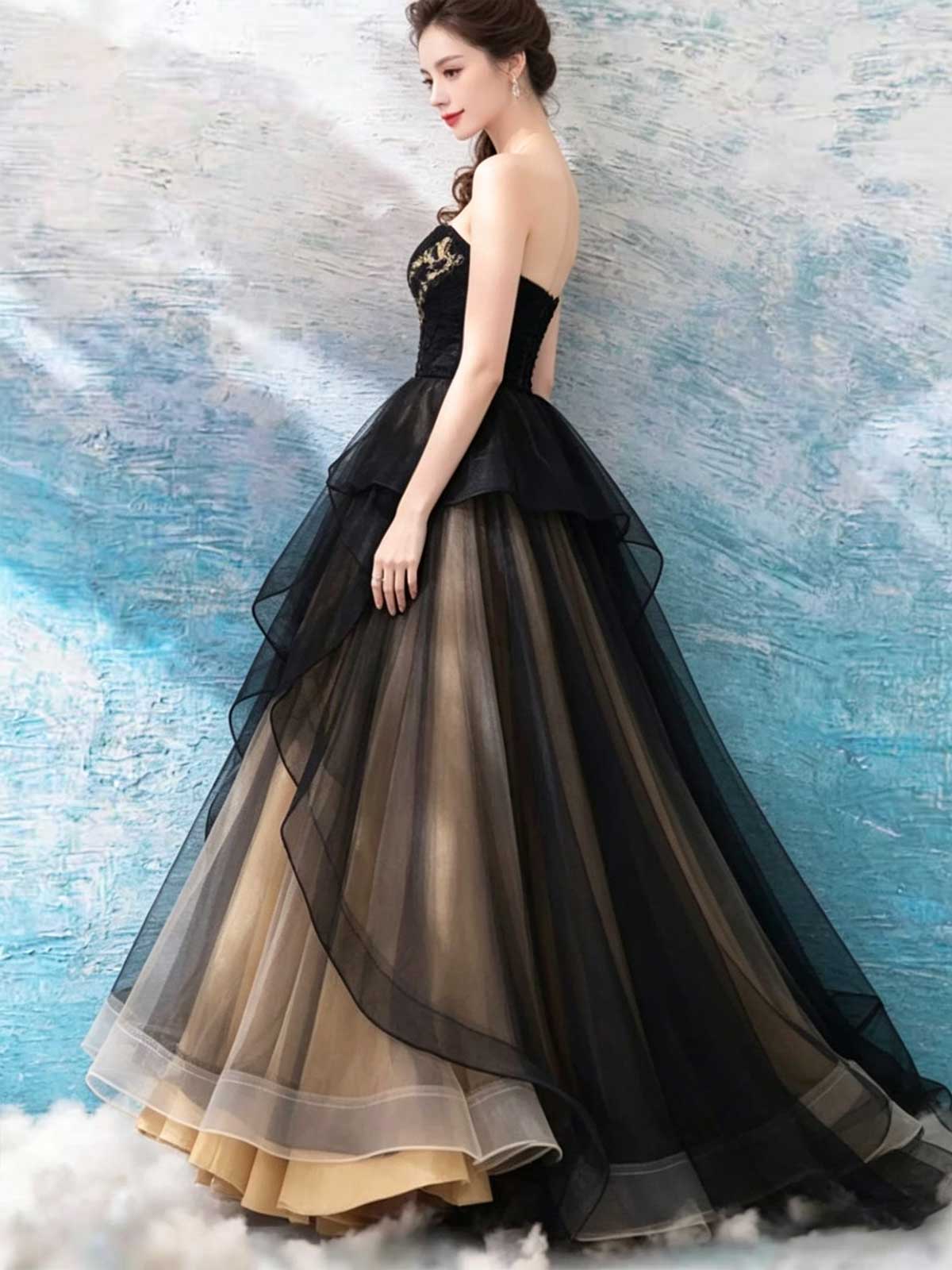 Black Lace Corset Prom Dress with Sheer Tulle Skirt and Gold Lining
