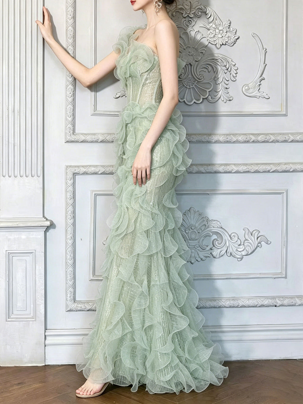 One Shoulder Green Ruffle Tulle Glitter Mermaid Formal Gown