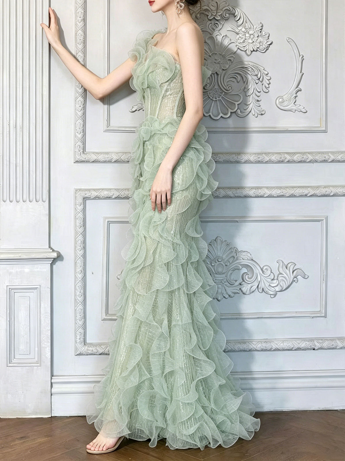 One Shoulder Green Ruffle Tulle Glitter Mermaid Formal Gown