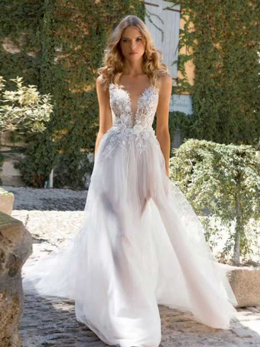 Ivory Lace Plunging V-Neck Sheer Tulle A-Line Wedding Dress