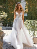 Ivory Lace Plunging V-Neck Sheer Tulle A-Line Wedding Dress