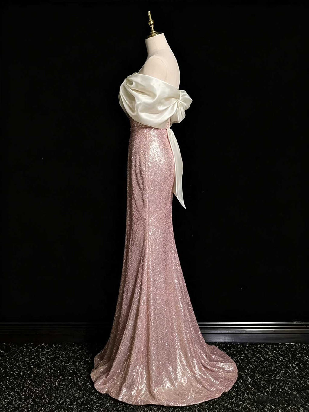 Rose Gold Strapless Sequin Mermaid Evening Gown with Satin Bow