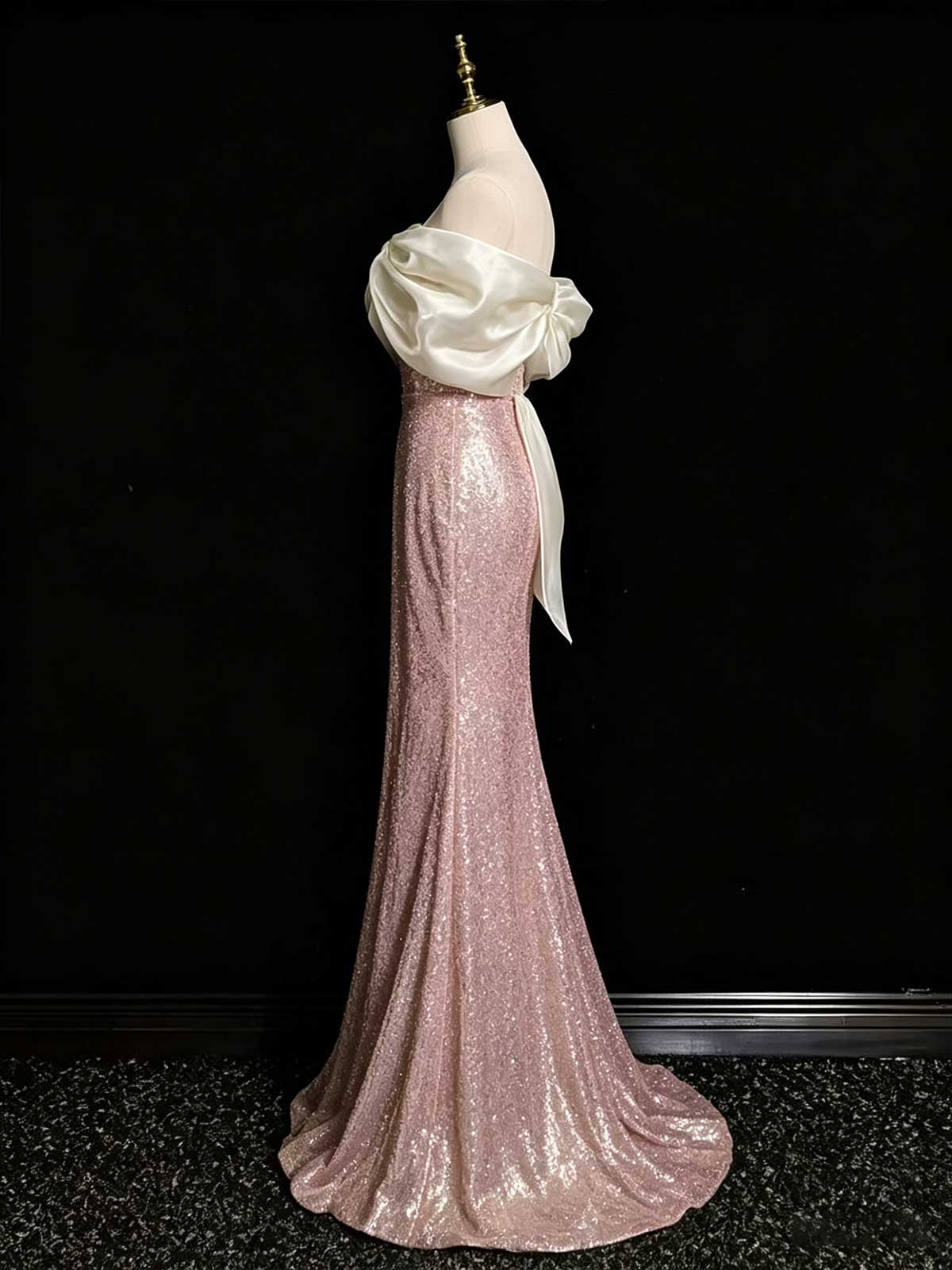 Rose Gold Strapless Sequin Mermaid Evening Gown with Satin Bow