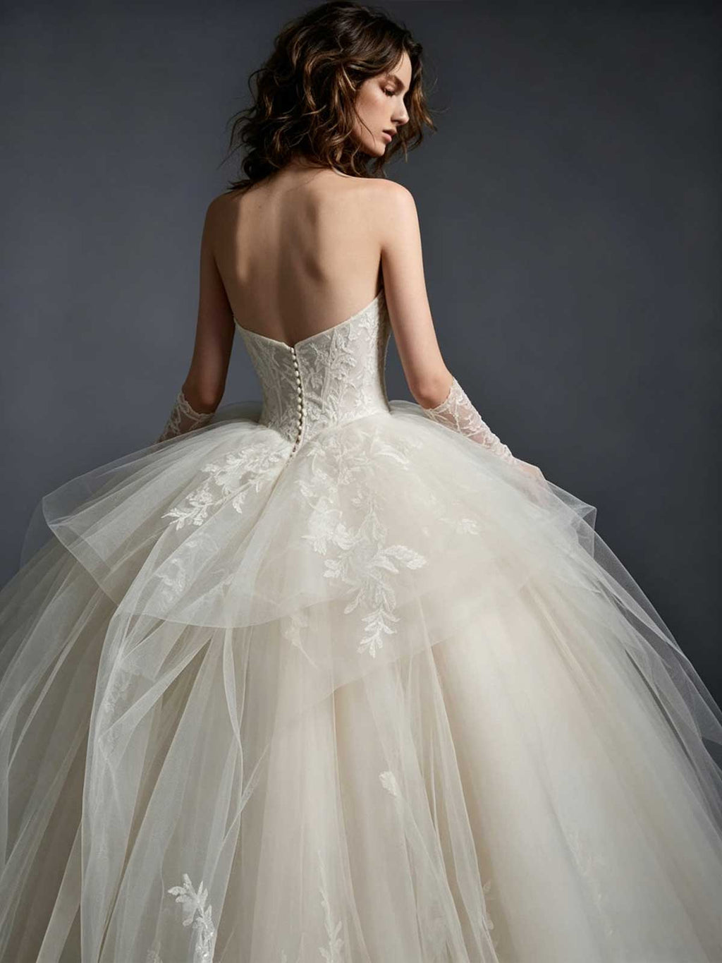 Ivory Strapless Lace Tulle Ball Gown Wedding Dress with Voluminous Skirt