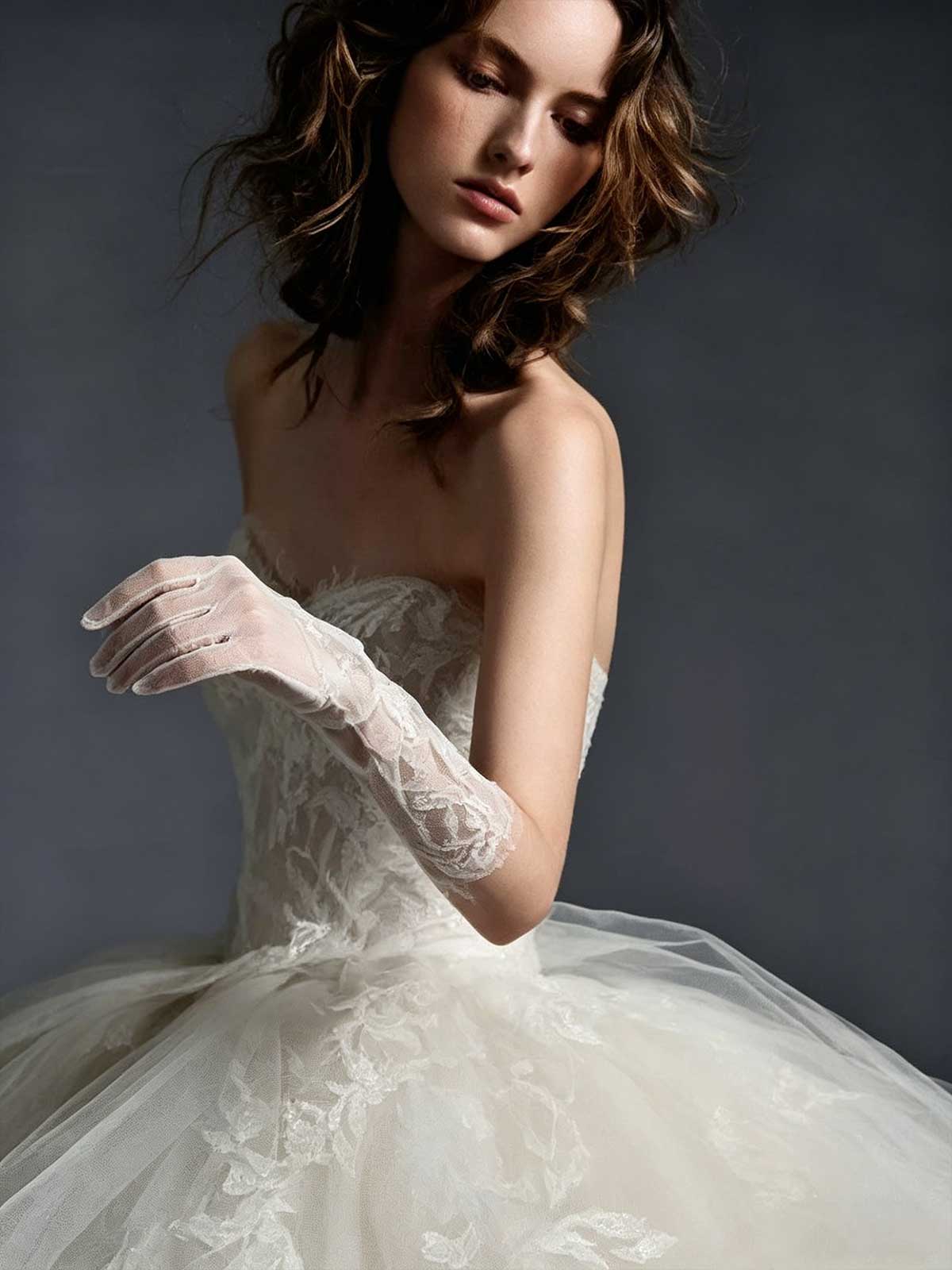 Ivory Strapless Lace Tulle Ball Gown Wedding Dress with Voluminous Skirt