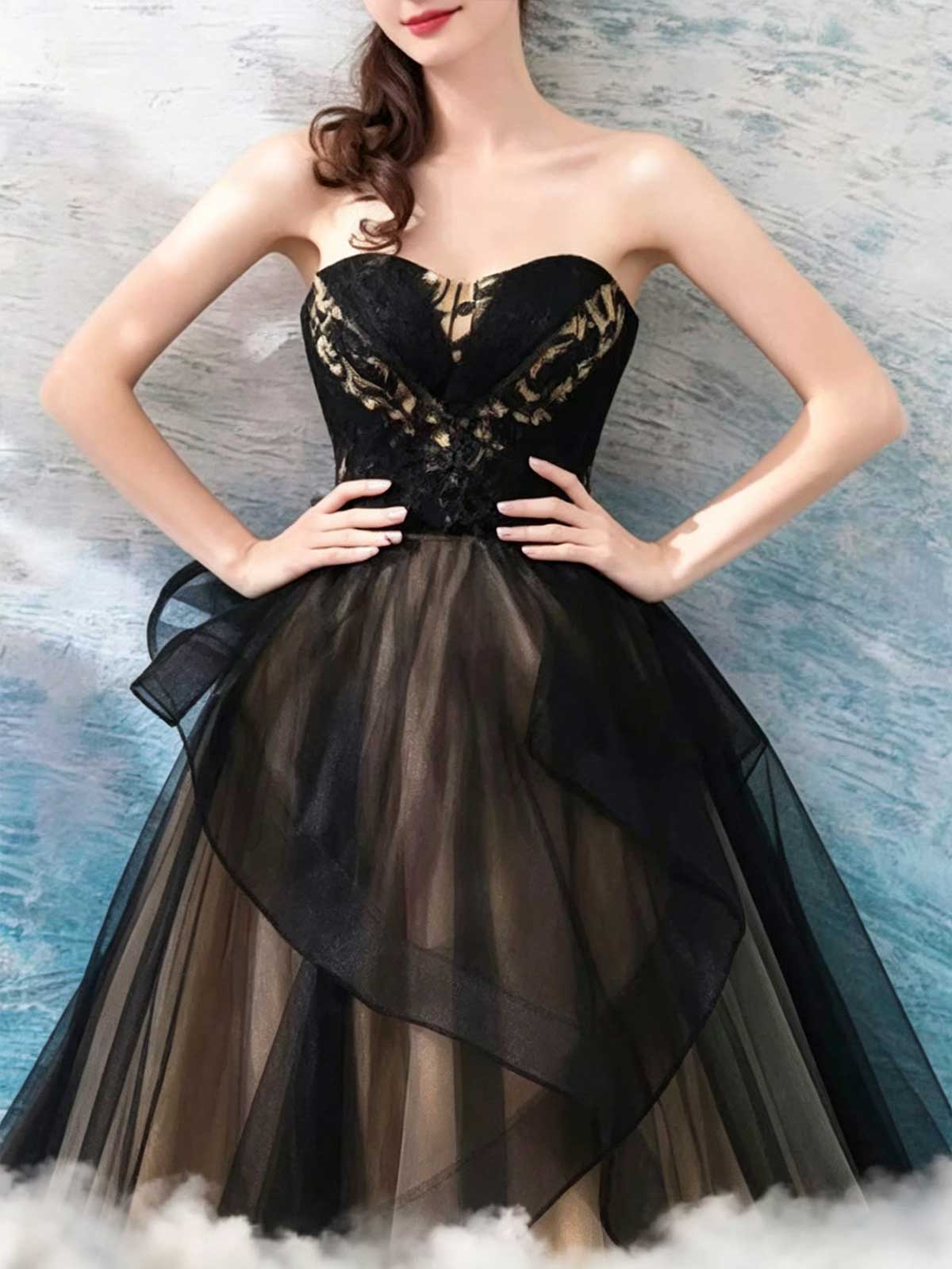 Black Lace Corset Prom Dress with Sheer Tulle Skirt and Gold Lining